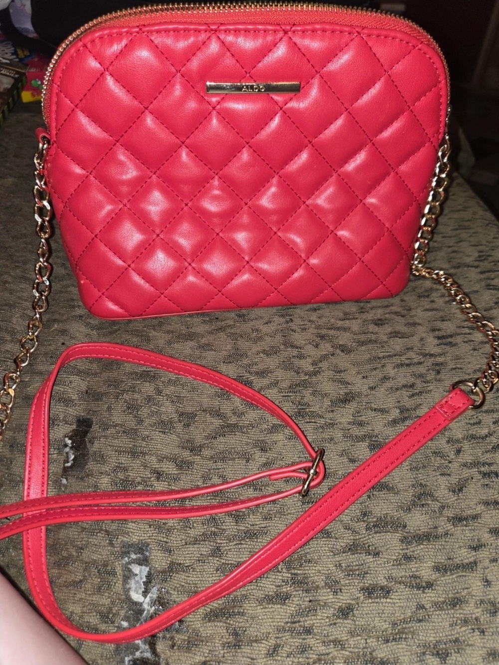 Aldo Quilted Crossbody Bag in Coral Red with Gold Chain
